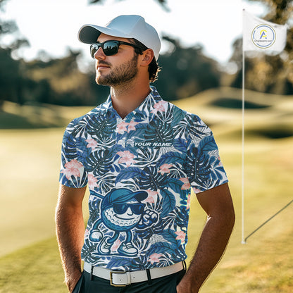 Blue tropical leaf pattern pink flower funny Golf polo shirts For Men Custom mens golf outfits NQS10119