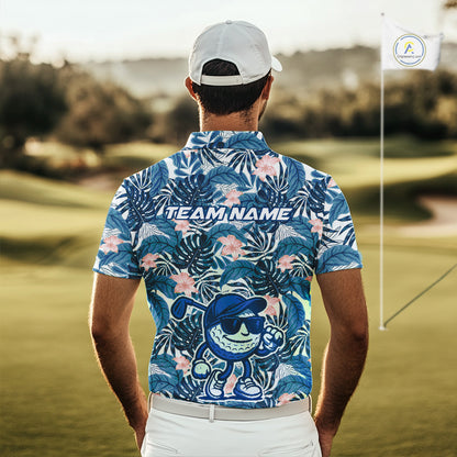 Blue tropical leaf pattern pink flower funny Golf polo shirts For Men Custom mens golf outfits NQS10119