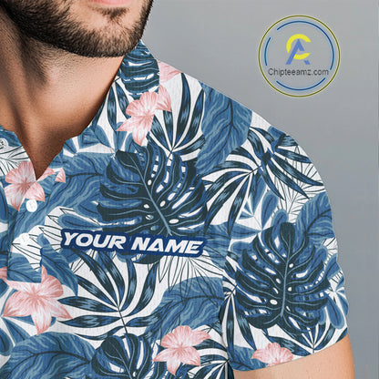 Blue tropical leaf pattern pink flower funny Golf polo shirts For Men Custom mens golf outfits NQS10119