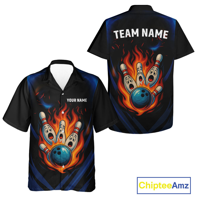 Blue and Black Flame Bowling hawaiian shirt custom funny bowling ball and pins team bowler jerseys NQS10260