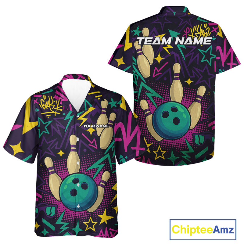 Custom purple graffiti pattern funny Bowling hawaiian shirt, bowling team league shirt with Name NQS10270
