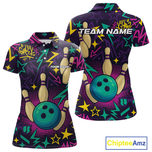 Custom purple graffiti pattern funny Bowling shirts for Women, bowling team league jerseys with Name NQS10270