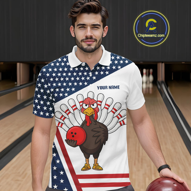 American Flag Funny Turkey Bowling Polo, 1/4 Zip shirts for Men custom patriotic bowling team jersey NQS10272
