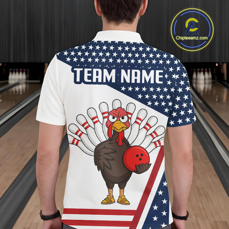 American Flag Funny Turkey Bowling Polo, 1/4 Zip shirts for Men custom patriotic bowling team jersey NQS10272