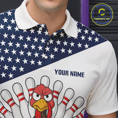 American Flag Funny Turkey Bowling Polo, 1/4 Zip shirts for Men custom patriotic bowling team jersey NQS10272