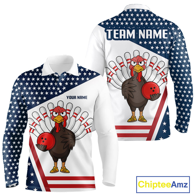 American Flag Funny Turkey Bowling Polo, 1/4 Zip shirts for Men custom patriotic bowling team jersey NQS10272
