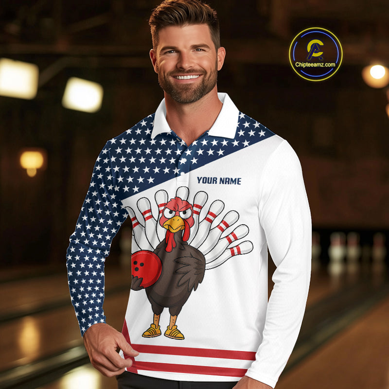 American Flag Funny Turkey Bowling Polo, 1/4 Zip shirts for Men custom patriotic bowling team jersey NQS10272