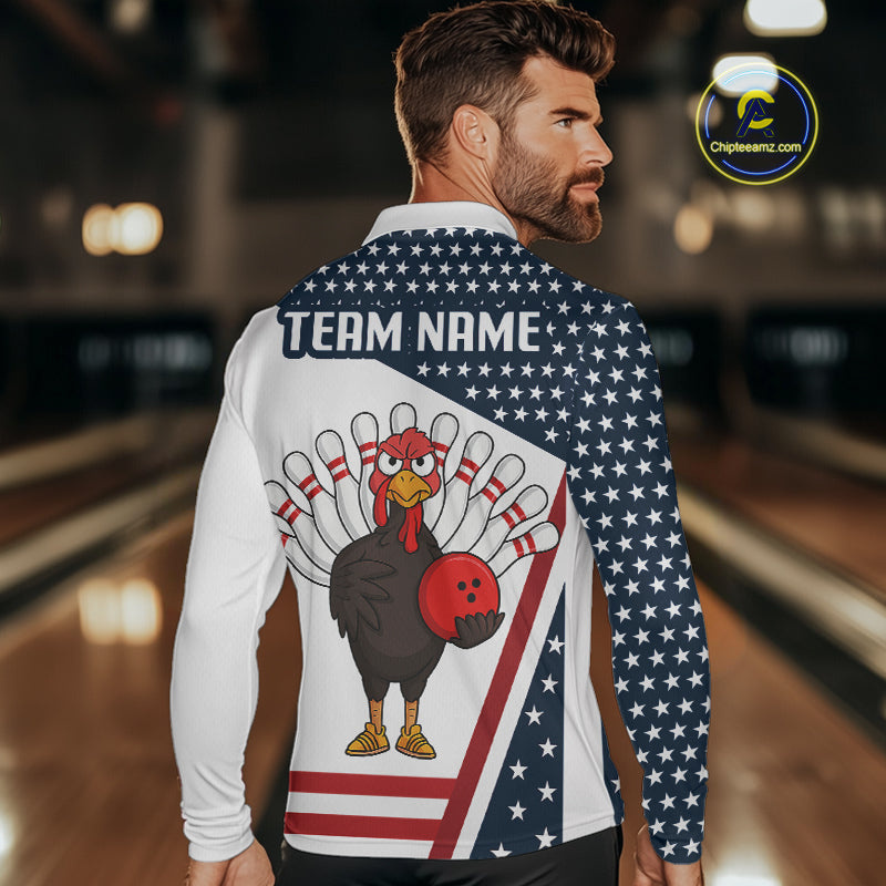 American Flag Funny Turkey Bowling Polo, 1/4 Zip shirts for Men custom patriotic bowling team jersey NQS10272