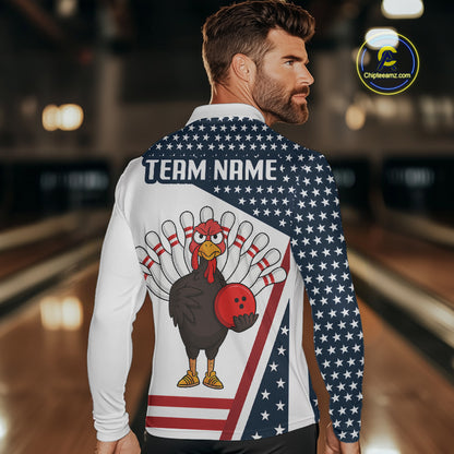 American Flag Funny Turkey Bowling Polo, 1/4 Zip shirts for Men custom patriotic bowling team jersey NQS10272