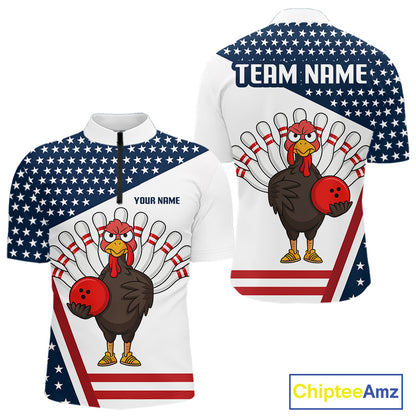 American Flag Funny Turkey Bowling Polo, 1/4 Zip shirts for Men custom patriotic bowling team jersey NQS10272