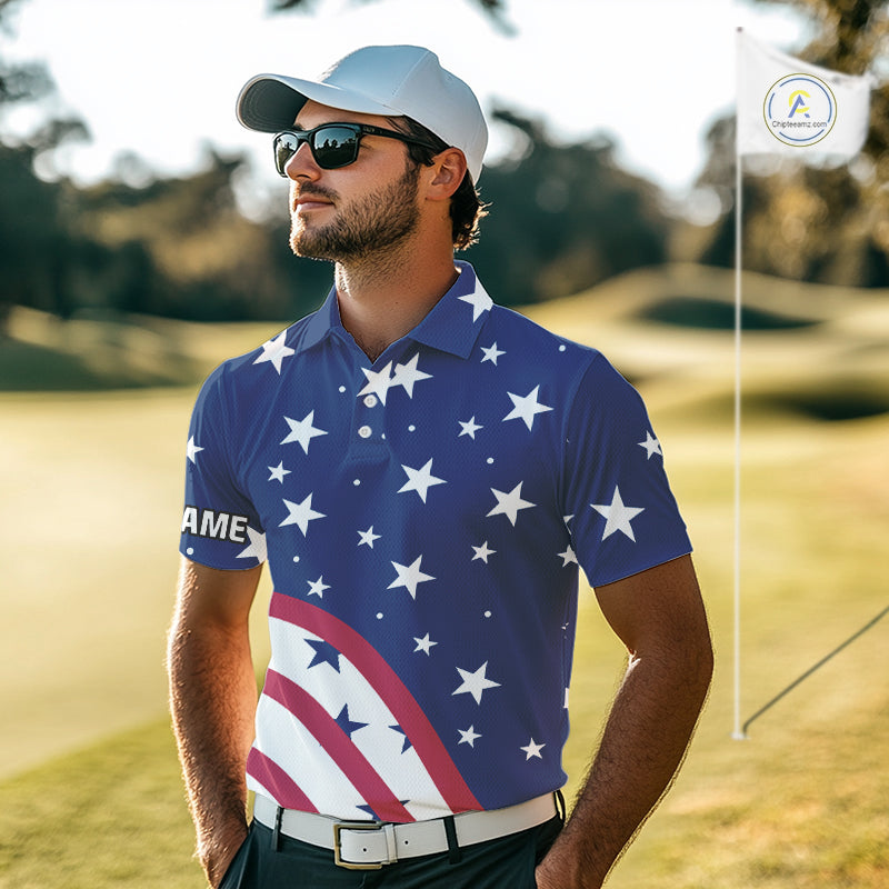 Red, White and Blue stars pattern Men golf polo shirts Custom American Flag patriotic mens golf top NQS10138