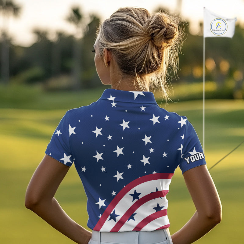 Red, White & Blue stars pattern Women golf polo shirts Custom American Flag patriotic ladies golf top NQS10138