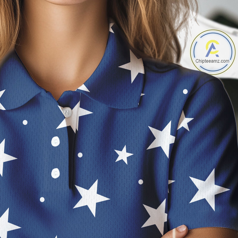 Red, White & Blue stars pattern Women golf polo shirts Custom American Flag patriotic ladies golf top NQS10138