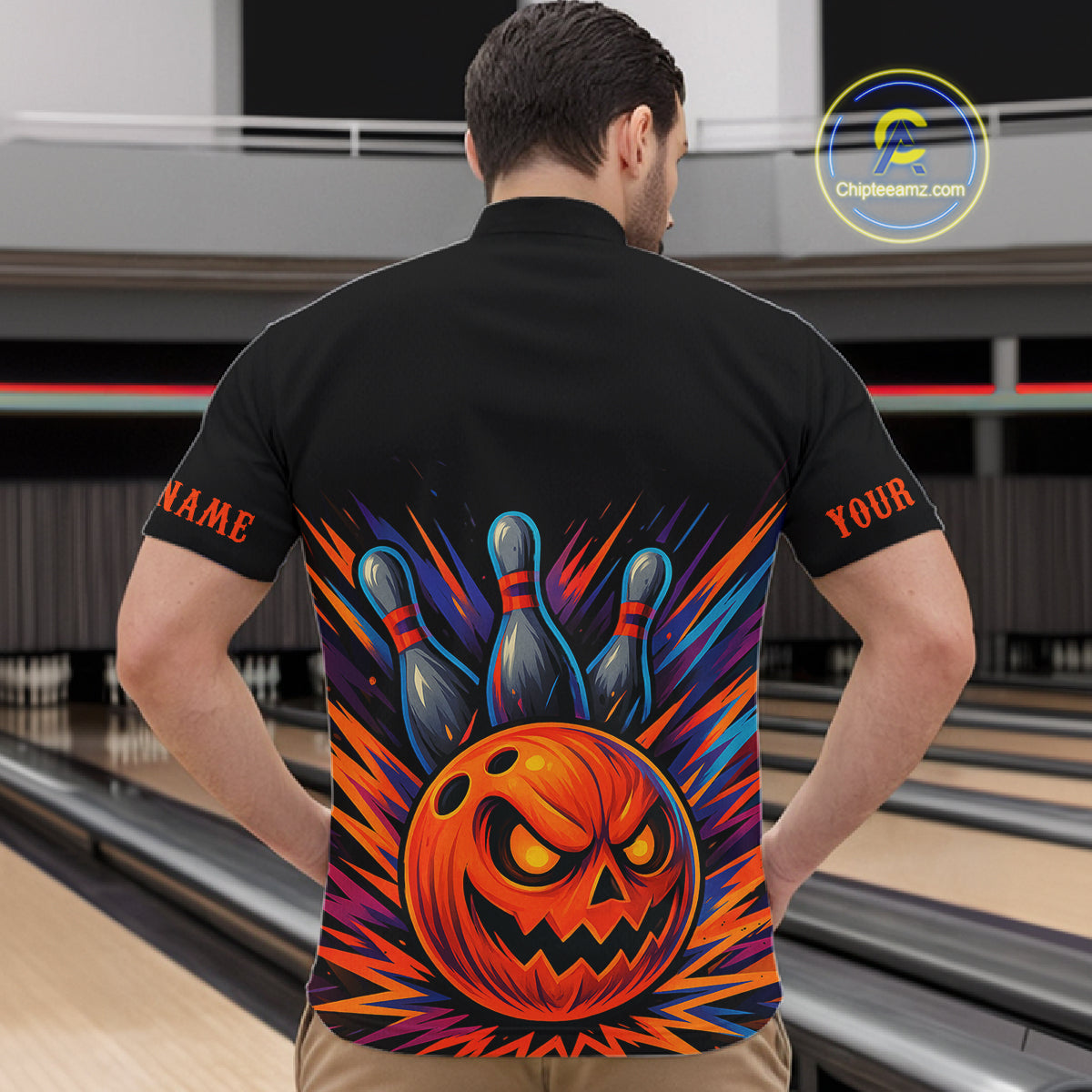 Funny Orange and Black Pumpkin Halloween Bowling Polo, 1/4 Zip Shirts For Men, Bowling Team Jersey NQS10470