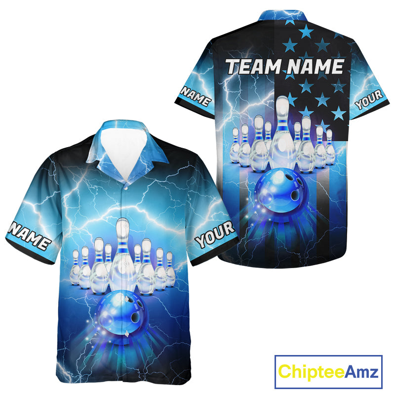 Blue lightning thunder American flag Bowling Hawaiian shirt Custom patriotic bowling button up shirt NQS10148
