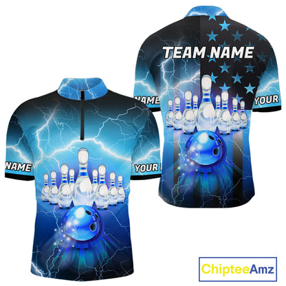 Blue lightning thunder American flag Bowling shirts for Men Custom patriotic bowling team jersey NQS10148