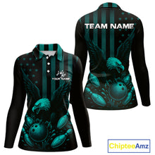 Load image into Gallery viewer, Black and Cyan Blue American Flag Eagle Bowling Shirt For Women Custom Patriotic Team bowling jerseys NQS10478