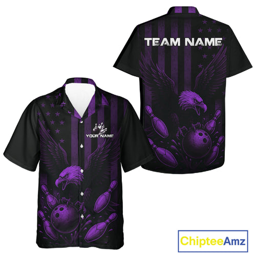 Black and Purple American Flag Eagle Bowling Hawaiian Shirt Custom Patriotic Team bowling shirt NQS10479