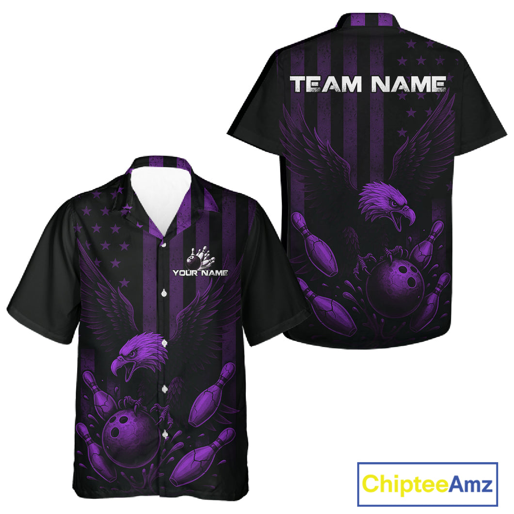 Black and Purple American Flag Eagle Bowling Hawaiian Shirt Custom Patriotic Team bowling shirt NQS10479