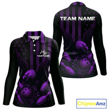 Load image into Gallery viewer, Black and Purple American Flag Eagle Bowling Shirt For Women Custom Patriotic Team bowling jerseys NQS10479