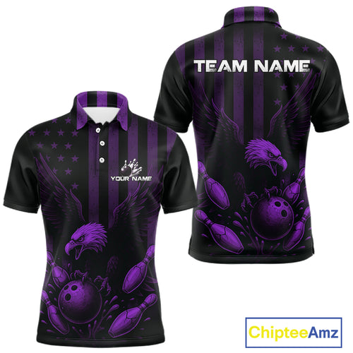 Black and Purple American Flag Eagle Bowling Shirt For Mens Custom Patriotic Team bowling jerseys NQS10479