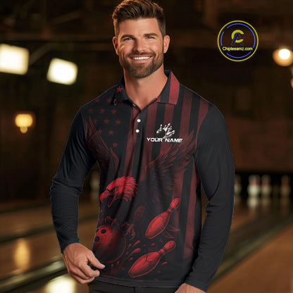 Black and Red American Flag Eagle Bowling Shirt For Mens Custom Patriotic Team bowling jerseys NQS10480