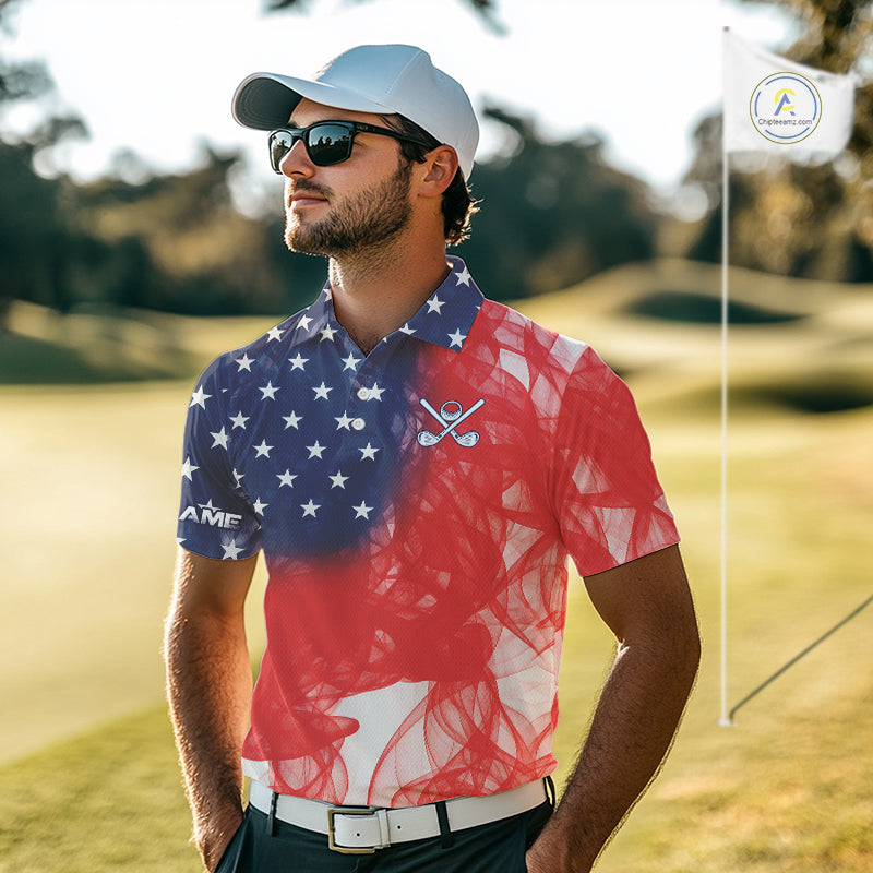 Custom Smoke American Flag Patriotic Golf Polo Shirt For Men, Personalized Mens Golf top NQS10497