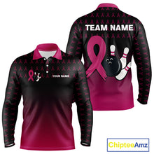 Load image into Gallery viewer, Black and Pink ribbon pattern Bowling shirts for Men Custom breast cancer bowling team jerseys NQS10158