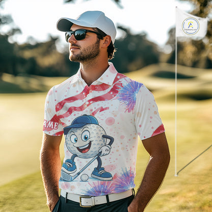 Funny Golf Ball Watercolor red, white and blue Mens golf polo shirts custom patriotic fun golf shirts NQS10293