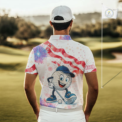 Funny Golf Ball Watercolor red, white and blue Mens golf polo shirts custom patriotic fun golf shirts NQS10293