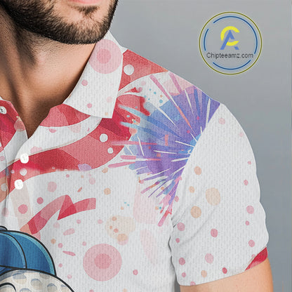 Funny Golf Ball Watercolor red, white and blue Mens golf polo shirts custom patriotic fun golf shirts NQS10293