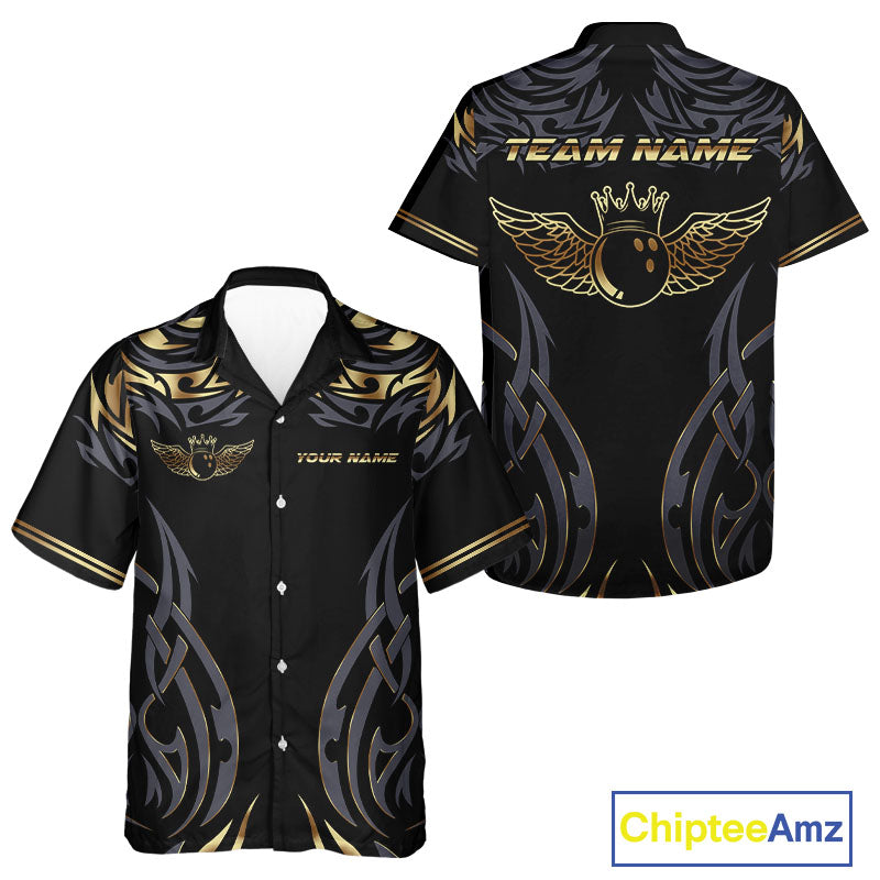 Personalized Black And Gold tribal pattern Bowling Hawaiian Shirt, angel wings Bowling Team jerseys NQS10298