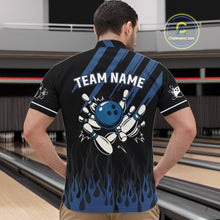 Load image into Gallery viewer, Black and Blue Flame Retro Bowling Polo, Quarter Zip Shirt for Men Custom Vintage Team Bowling Jersey NQS10504