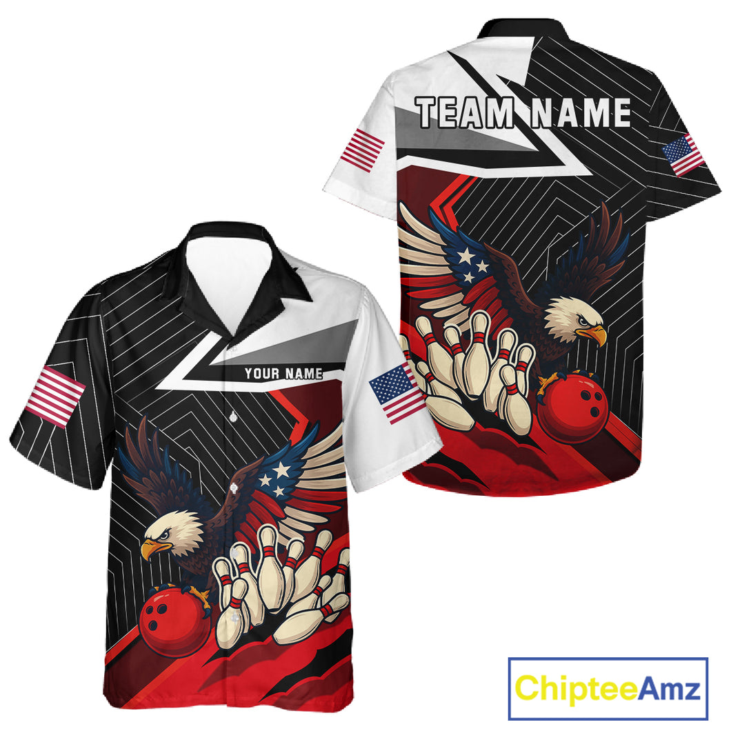 Black & Red American Flag Eagle Bowling Hawaiian Shirt Custom patriotic Team Bowling Button Up Shirt NQS10517