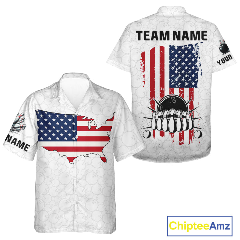 Personalized American Flag White Bowling Hawaiian shirt Custom patriotic Team Bowling button up shirt NQS10184