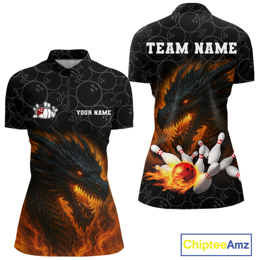 Custom Black Camo Flame Dragon Bowling Team Shirts For Women, Bowling Uniform gift for bowlers NQS10320