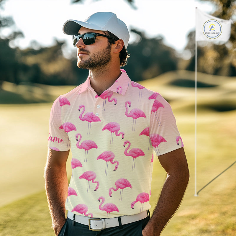 Personalized pink gradient Flamingo pattern Men golf polo shirt Custom golf team theme outfits NQS10324