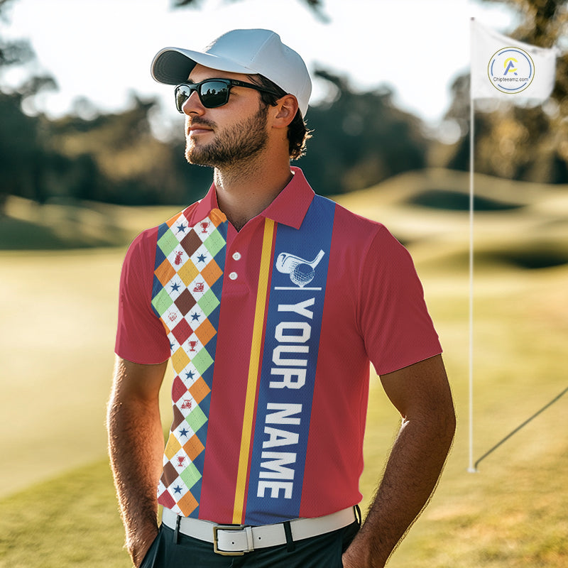 Retro colorful argyle pattern Men golf polo shirt custom Team Golf Outfits for mens | Red NQS10327