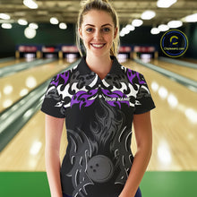 Load image into Gallery viewer, Black and Purple Flame Bowling Polo, 1/4 Zip shirt for Women Custom Team bowling jersey bowler gift NQS10535