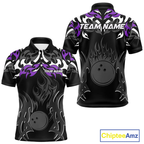 Black and Purple Flame Bowling Polo, Quarter Zip shirt for men Custom Team bowling jersey bowler gift NQS10535