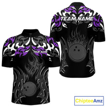 Load image into Gallery viewer, Black and Purple Flame Bowling Polo, Quarter Zip shirt for men Custom Team bowling jersey bowler gift NQS10535