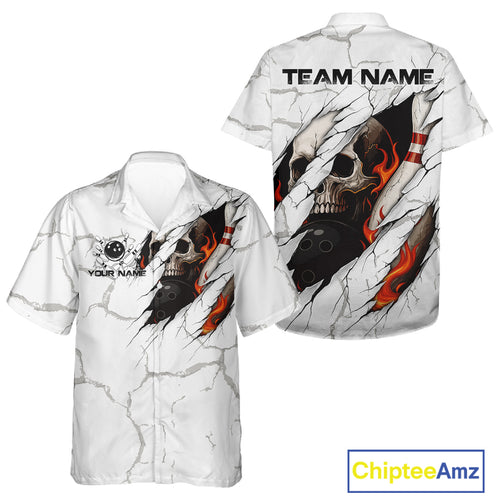 Personalized White Grunge Flame Skull Bowling Hawaiian shirt Custom Team Bowling League Shirts NQS10536