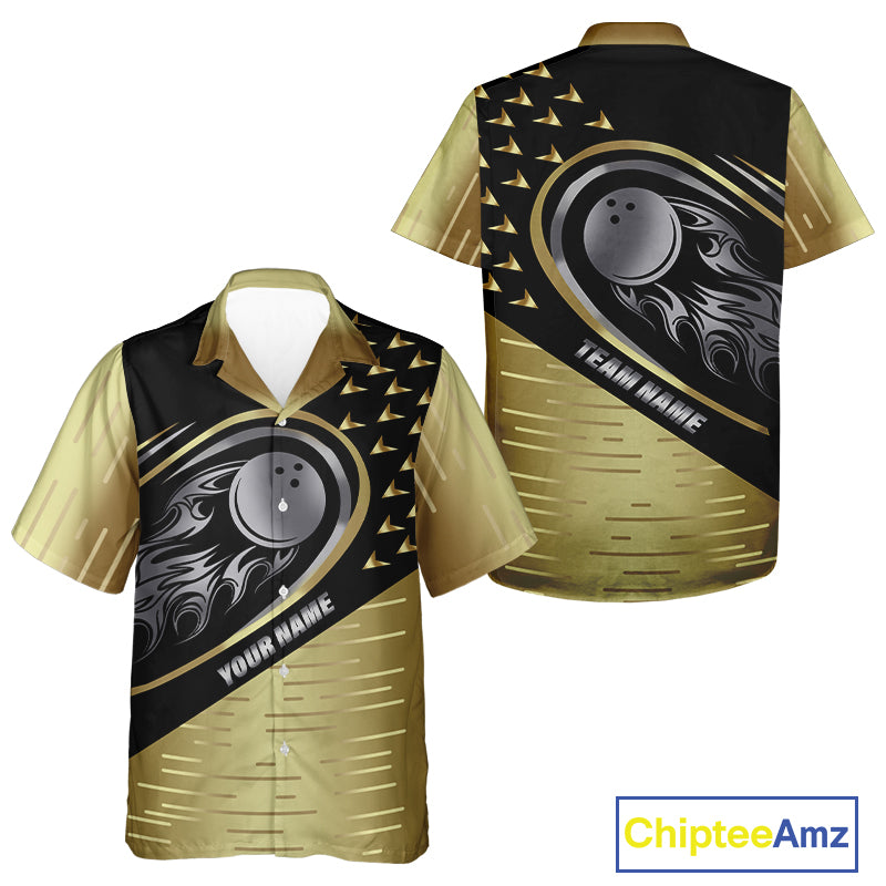 Black and Gold Flame Bowling ball Hawaiian Shirts Custom Bowling Team Button Up Shirt NQS10029