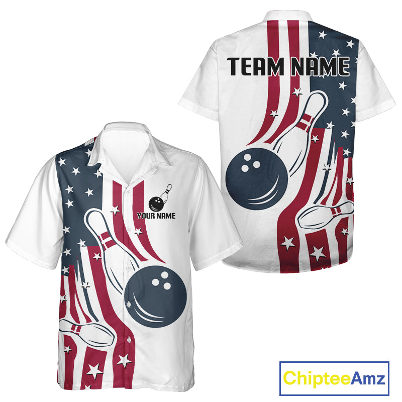 Red, White & Blue American Flag Bowling Hawaiian Shirt custom patriotic bowling team uniform jersey NQS10337