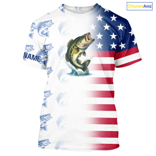 Red, White and Blue American Flag Bass Fishing custom patriotic Bass performance Fishing Shirts NQS10034
