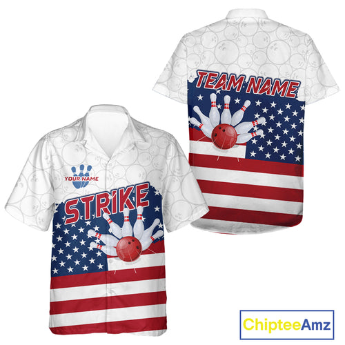 Personalized American Flag Strike Bowling Hawaiian Shirts, Patriotic Bowling Team Button up shirt NQS10345