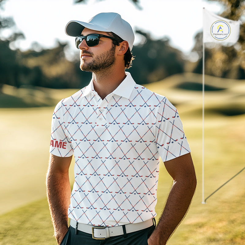 Red, White and Blue golf clubs pattern Men golf polo shirt Custom Patriotic golf outfits for men NQS10198