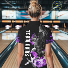 Load image into Gallery viewer, Custom Purple Flame Black Eagle Bowling Polo, Quarter Zip Shirt For Women, Team Bowling Clothes NQS10351