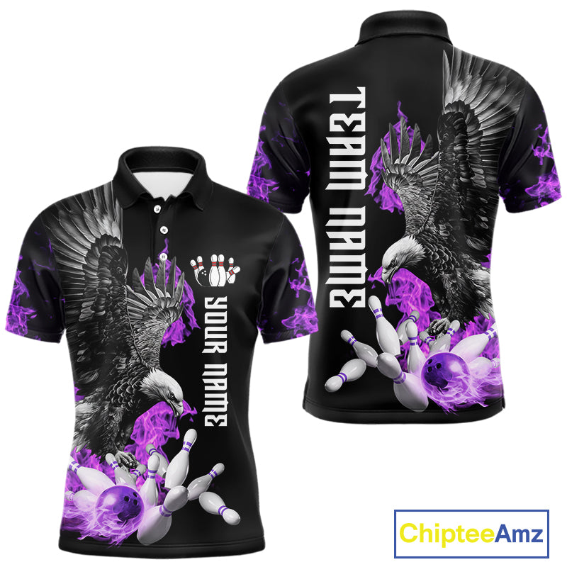 Custom Purple Flame Black Eagle Bowling Polo, Quarter Zip Shirt For Men, Team Bowling Clothes NQS10351