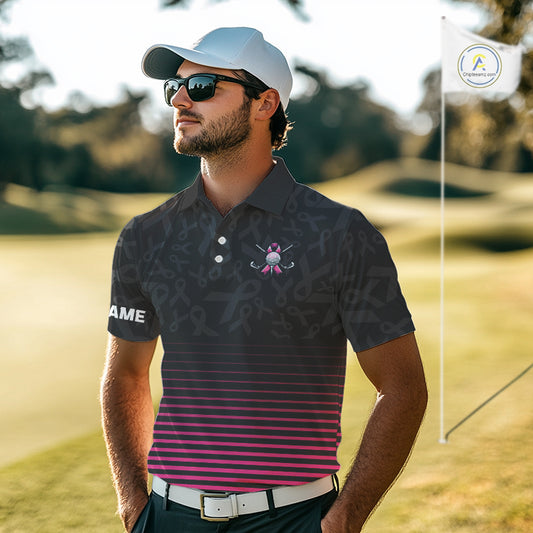 Pink and black Ribbons Pattern Mens Golf Polo Shirts Custom Breast cancer awareness Team Golf attire NQS10559